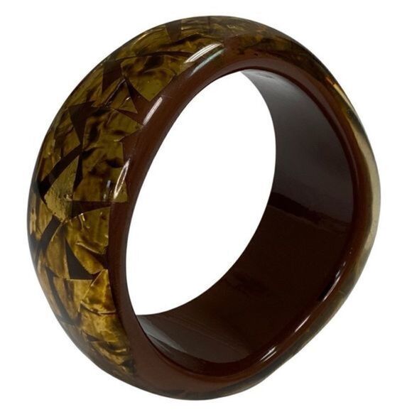 Vintage Chunky Lucite Bangle Bracelet Chocolate Brown w/Embedded Gold‎ Confetti - Picture 8 of 10